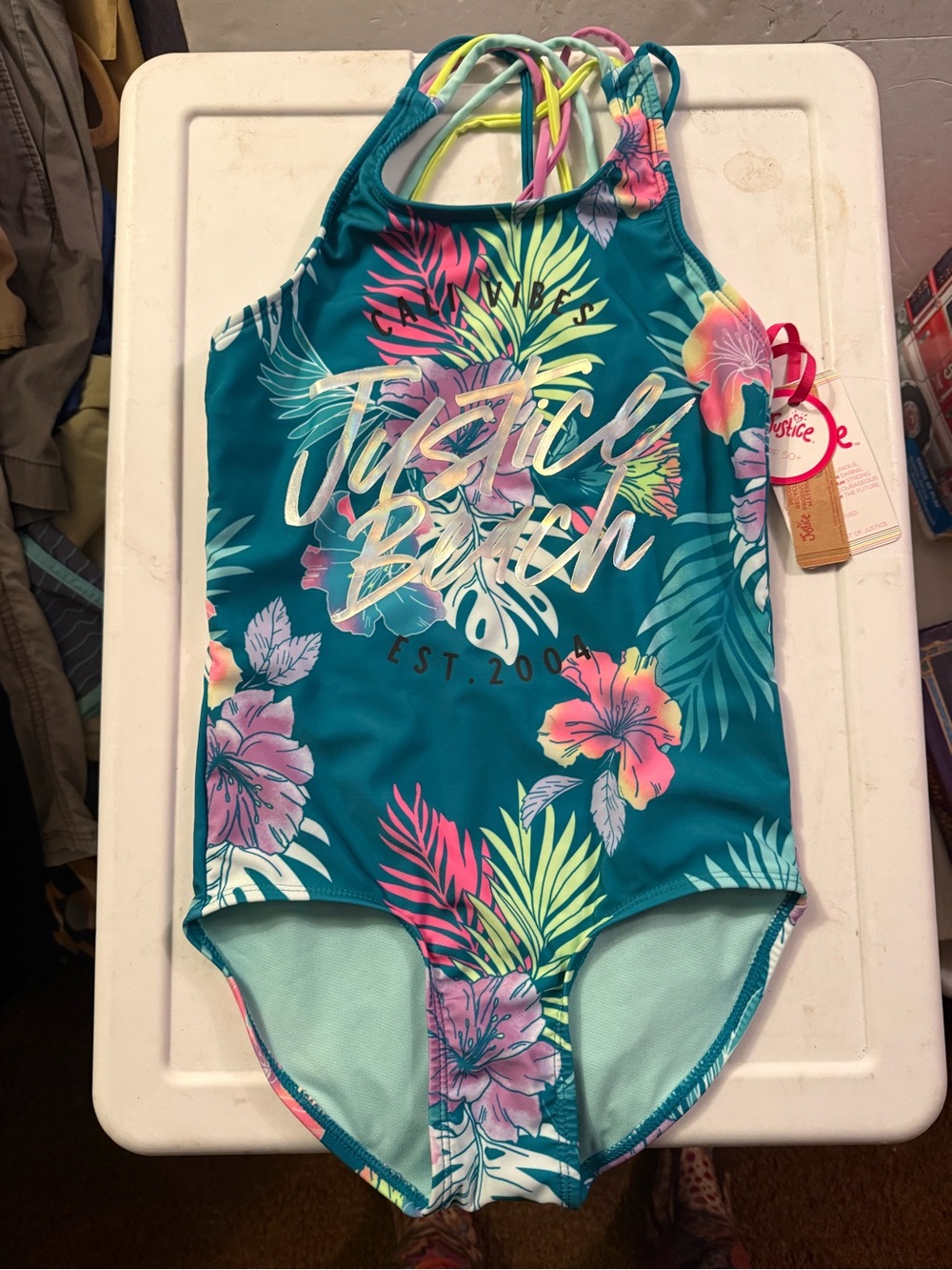 Justice Teal Tropical Floral Girls One-Piece Swimsuit